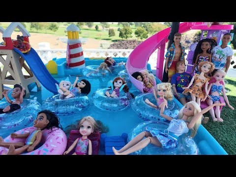 Elsa and Anna Waterpark doll fun! Elsa and Anna toddlers - Barbie doll video!