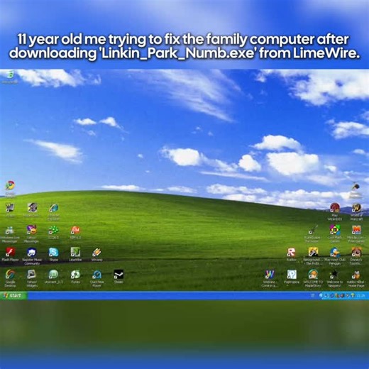 RENZU ARCHIVES on Instagram: "​If you recognize this desktop, you grew up in the Wild West of the internet. 💾 ​Windows XP (codenamed "Whistler") wasn't just an operating system; it was the gateway to our digital childhood. Released in 2001, the "Bliss" wallpaper—that green hill in Sonoma County, California—became the most viewed image in human history. But for us, this screen represents something else: pure, unregulated chaos. ​Look closer at the icons. This was the era of LimeWire, where we ri