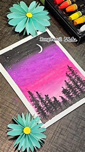 Easy Night Sky Painting with Oil Pastels | Galaxy Sunset Drawing🌙 #art #success #shorts