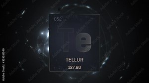 Tellurium as Element 52 of the Periodic Table. Seamlessly looping 3D animation on silver illuminated atom design background orbiting electrons name, atomic weight element number in German language