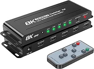 8K HDMI 2.1 Switch 4 in 1 Out 8K@60Hz 4K@120Hz HDMI Switcher 4 Ports Selector with Remote Support 48Gbps HDR 10+ Dolby Vision/Atmos HDCP 2.3 CEC VRR/ALLM【Tested and Confirmed to Work with Switch 2】