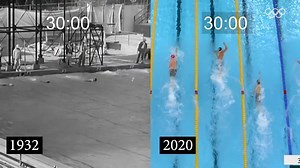 La diferencia entre la final masculina de 100 m estilo libre con más de 80 años de diferencia. Los Ángeles 1932 y Tokio 2020 (realizado en 2021). | Cumbres Noticias