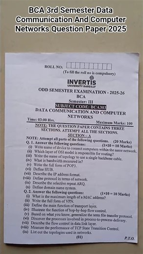 BCA 3rd Semester Data Communication And Computer Networks Question Paper 2025 #bca #coding #computer