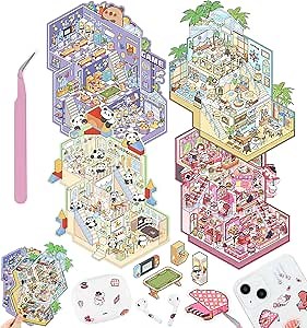 DIY 3D House Stickers, 4 Sets Fun DIY Stickers Scene Make Your Own Mini House Cute Cartoon Animal Scene Stickers for Kids Adult Sticker Art Relief Stress Pass The Time-Large Size