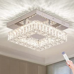 Dimmable Square Crystal Chandelier LED Mini Ceiling Light with Remote Flush Mount Small Chandelier Light for Hallway Foyer Kitchen Stair Closet, 3 Colors Adjustable Dimmable