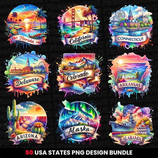 50 USA States PNG Bundle: Retro Travel Landmarks Clipart (digital Download) - Etsy
