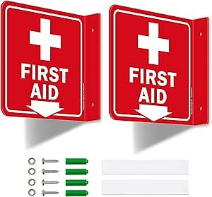 Faittoo First Aid Sign, 2 Pack First Aid with Cross Symbol - 6 x 6 Inches Acrylic Plastic, 2 Pre-Drilled Holes, Includes Matching Screws, Use for Home Office/Business