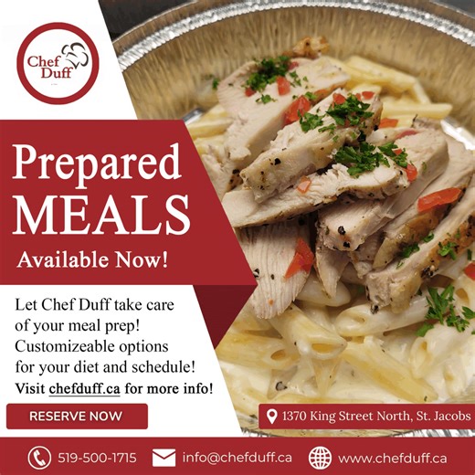 2.4K views · 26 shares | You can now order prepared Dinner options directly from our website! SPECIAL Offer: One meal FREE for every 10 you order! https://chefduff.ca/prepared-meals/ #stjacobsvillage #preparedmeals #dinneroptions #takeoutoptions #eventspace #chefduffculinarycreations #chefmademeals | Chef Duff Culinary Creations | Facebook