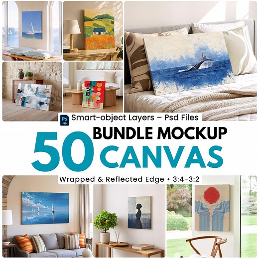 50 Canvas Mockup PSD Bundle, 3x4 and 3x2 Ratio, Vertical and Horizontal Canvas PSD, Wall Art Mockup, Photopea Smart Object Files - Etsy