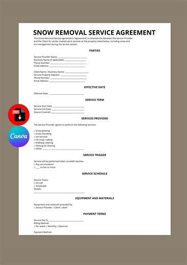 Snow Removal Service Agreement Template | Winter Maintenance Contract (canva PDF) - Etsy