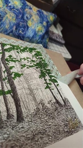 Tape peel time! This drawing was created with ink pens and green acrylic paint