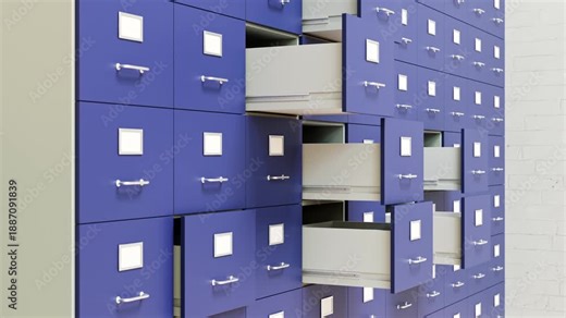 Thinking in stereotypes concept. In German "Schubladendenken" (putting things into drawers). An array of drawers; being opened and closed again. Static camera. Seamlessly loopable video