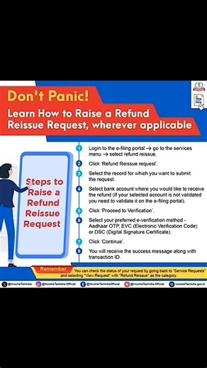 Kind Attention Taxpayers! If your refund has failed for any reason, please submit “Refund Reissue Request” as applicable. Follow this step by step guide to raise your Refund Reissue Request | Income Tax India