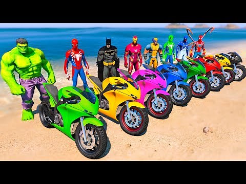 SPIDERMAN Team Racing Motorcycles Challenge on Mountain Mega Ramp, SUPERHEROES Run Challenge - GTA 5