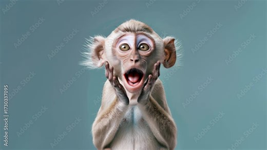 Funny little monkey with surprised face on blue backdrop, playful character and viral reaction energy—great for humor, apps, education, and kid‑friendly campaigns seeking instant attention.