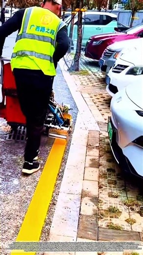 Painting Road Markings Using A Specialized Machine #job #skills #works #traffic #tools