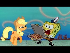 Apple Jack trying to get a pizza from Spongebob My Little Pony