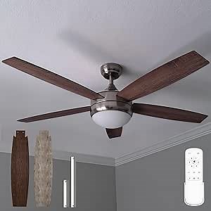 52 Inch Farmhouse Ceiling Fan with Light and Remote Control, Brushed Nickel Modern Fandelier, 5 Reversible Blades/6-speed/Quiet DC Motor/Low Profile, for Bedroom Living Room Kitchen