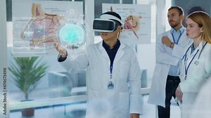 Future Medicine. Doctors discussing Human Brain Surgery wearing Virtual Reality Glasses. High Tech Technologically. Brain Scan Tomography. Technologically Hospital. Artificial Intelligence Stock Video