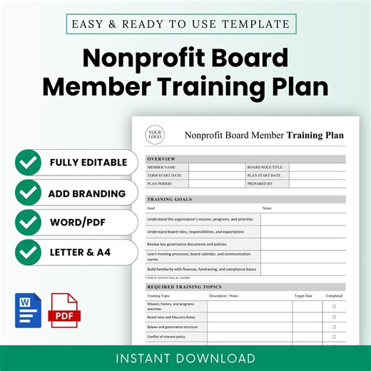 Nonprofit Board Member Training Plan Template – Word & PDF, A4 + US Letter - Etsy