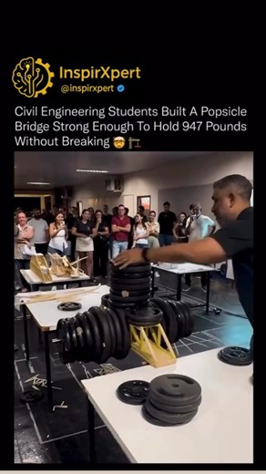 InspirXpert on Instagram: "A structure made from popsicle sticks just carried nearly half a ton of weight without collapsing. 🔥⚙️ This bridge was carefully engineered, not improvised. Civil engineering students applied the same principles used in real-world bridges, load distribution, triangulation, compression vs. tension, and material efficiency, scaled down to wood sticks and adhesive. By arranging the sticks into truss patterns, each piece shares the load instead of bearing it alone. Weight