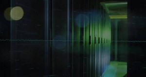 Animation of data processing with scope scanning over computer servers. Global business, finances, computing and data processing concept digitally generated video.