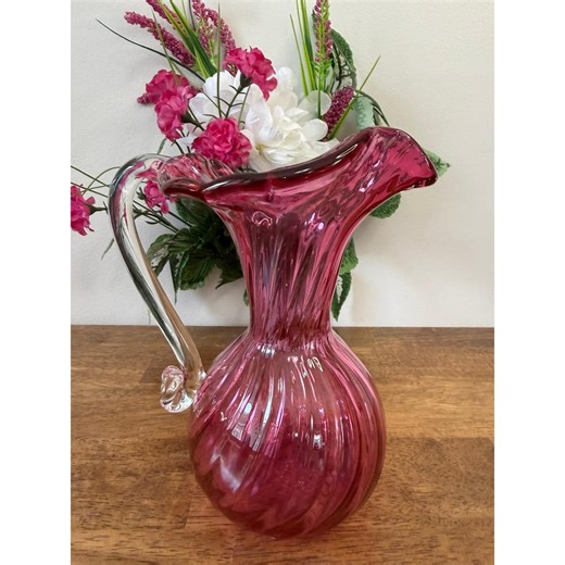 Vintage Cranberry Art Glass Pitcher Hand Blown Ruffled Rim Swirl Handle Vase - Etsy