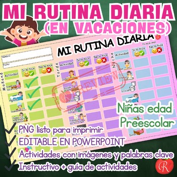 Cartel de Rutina Diaria - Vacaciones – niña 3-6años | PDF + EDITABLE Power Point