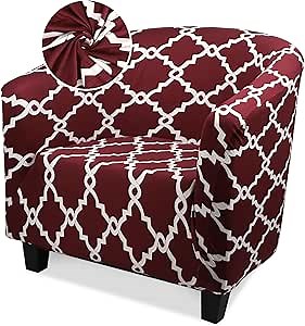 Club Chair Slipcover, 1 Piece Stretch Red/White Tub Barrel Chair Slipcovers, Round Chair Soft Sofa Cover Removable Couch Furniture Protector for Bar Living Room Bedroom Hotel Counter