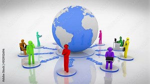 World Network. Multicolored. Animation representing the network concept, every character is connected through a technological device to the world. Last 20 seconds are loopable. White background.