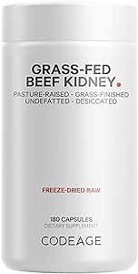 Codeage Grass Fed Beef Kidney Supplement - Freeze Dried, Non-Defatted, Desiccated Glandulars Nutrition Bovine Pills – Pasture Raised Beef Vitamins - Non-GMO -180 Capsules