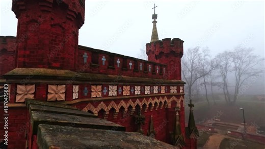 An old red castle is captured on a foggy day. Thick fog surrounds the structure, highlighting its unique architecture. A look at the stone walls and towers gives insight into its history.