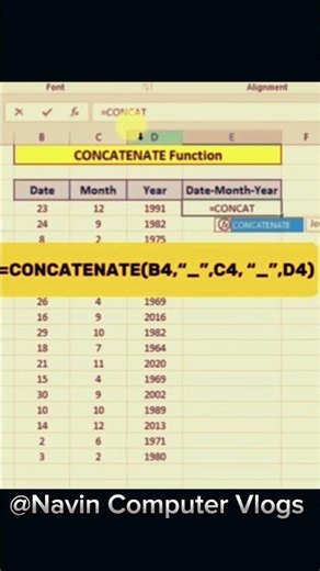 CONCATENATE Function In MS Excel Tips and Tricks #excel #educacion #shortcutkeys #excelshortcuts