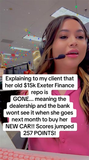 Explaining to my client that her old $15k Exeter Finance repo is GONE... meaning the dealership and the bank wont see it when she goes next month to buy her NEW CAR!! Scores jumped 257 POINTS! #fyp #parati