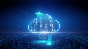 Cloud computing concept with three-dimensional arrows marking upload and download.