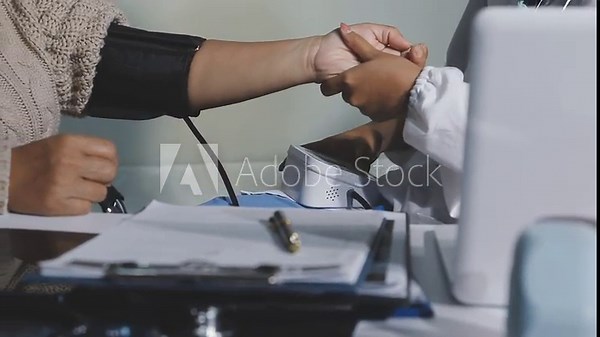 Doctor using sphygmomanometer with stethoscope checking blood pressure to a patient in the hospital.