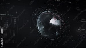 Close-up of a computer screen. Booting up military satellite data analysis program. Following the signal coming from Algeria. Forecast information. Detailed images. Computer User interface.