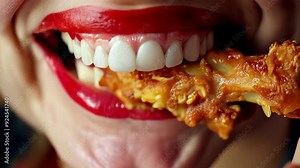 A close-up shot captures an inviting scene where a woman with glossy red lips bites into a perfectly fried chicken wing, highlighting the pleasures of delicious comfort food.