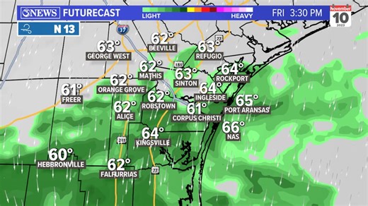 Our in house computer model brings tonight's cold front into Corpus Christi around 11pm. As the front moves through the region, showers/storms will be possible along the boundary. Light to moderate rain or drizzle fills in, Friday...along with cooler temperatures. | Alan Holt