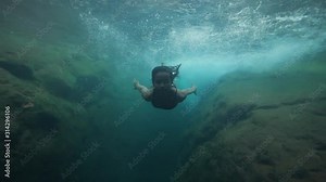 Young beautiful woman swimming underwater in a spring waterfall.