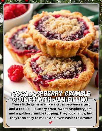 Easy Raspberry Crumble Cookies with Jam Filling | Buttery, Jammy & Perfectly Sweet 🍓🍪 These little gems are like a cross between a tart and a cookie — buttery crust, sweet raspberry jam, and a golden crumble topping. They look fancy, but they’re so easy to make and even easier to devour 💕 Ingredients: 1 cup unsalted butter, softened ½ cup granulated sugar 1 tsp vanilla extract 2¼ cups all-purpose flour ½ tsp salt ½ cup raspberry jam (or your favorite berry preserve) For the crumble topping: ⅓