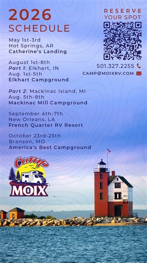 🏕️ What is Camp Moix? Camp Moix is all about bringing RVers together. It’s a camping experience built on community, adventure, and making memories around the campfire. From weekend getaways to shared outdoor experiences, Camp Moix is where friendships are formed and stories are made. Camp Moix is about getting outside, unplugging, and enjoying the journey together! 👉 Want to learn more? Visit Camp Moix at the show and find out how you can be part of the next adventure. | Kansas City RV Show