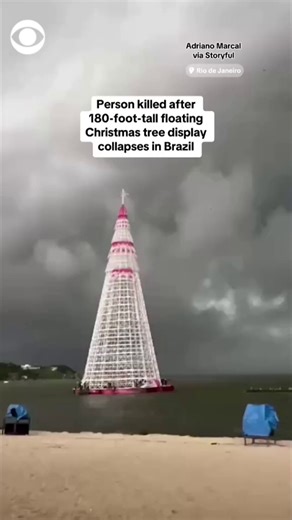 1.4M views · 7.3K reactions | One person was killed and two others were hurt after an 184-foot-tall floating Christmas tree display collapsed during stormy weather near Rio de Janiero, Brazil, on Monday, according to local officials. | CBS News | Facebook