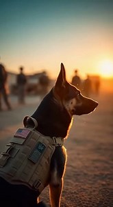 Create an ultra cinematic hyper realistic 8K video of a US Military K9 German Shepherd wearing a | Military Dogs