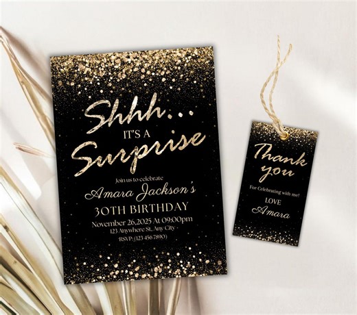 Editable Surprise Birthday Invitation, Surprise Party Invitation, Black and Gold Glitter Birthday, Shhh It's a Surprise Invite, Adult Party - Etsy