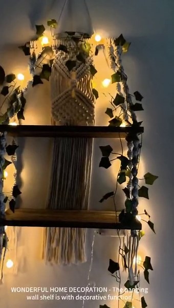 Hanging Shelf with Vine Lights, Macrame Plant Wall Shelf, Wall Storage with Handmade Woven Ropes, 2 Tier Floating Shelf, Boho Room Decor Aesthetic for Succulents, Bedroom, Living Room, Bathroom