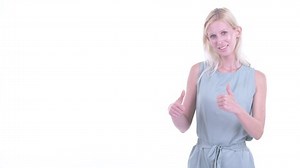 Happy young blonde woman showing to the back