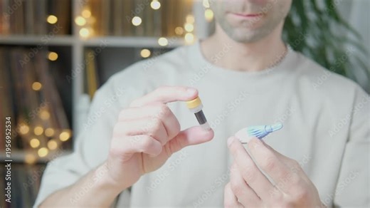 plastic test tubes with blood for analysis, Blood self-test procedure, showing finger prick step for personal health monitoring, convenience and accessibility at-home health diagnostics