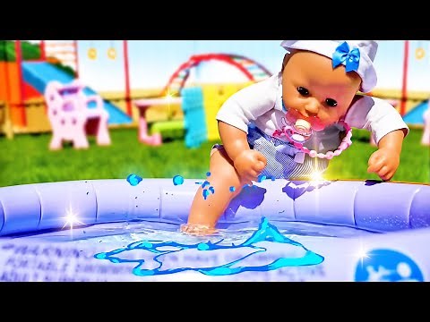 Baby doll swimming in the pool & Baby Annabell at the beach. Baby dolls videos for kids.