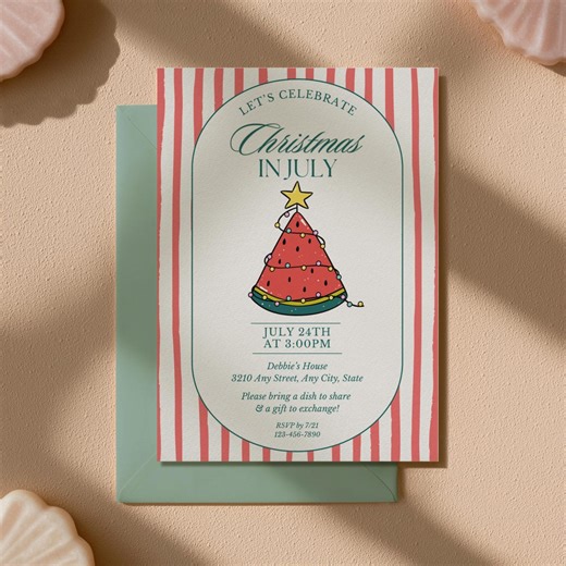 Christmas in July Party Invitation Template, Watermelon Summer Xmas Celebration Invite (digital Download) - Etsy